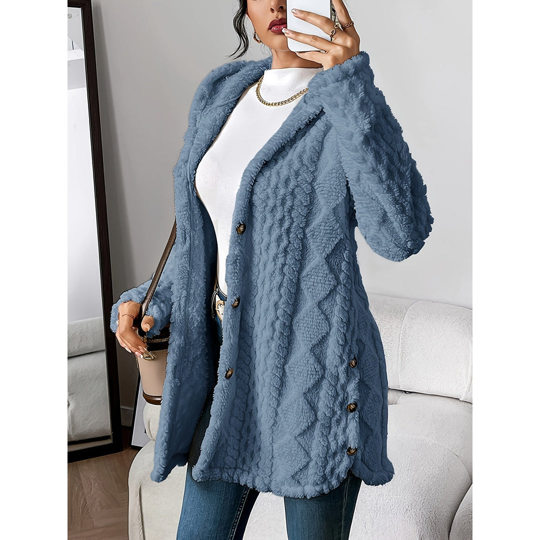 Women's blue grey cable knit hooded cardigan