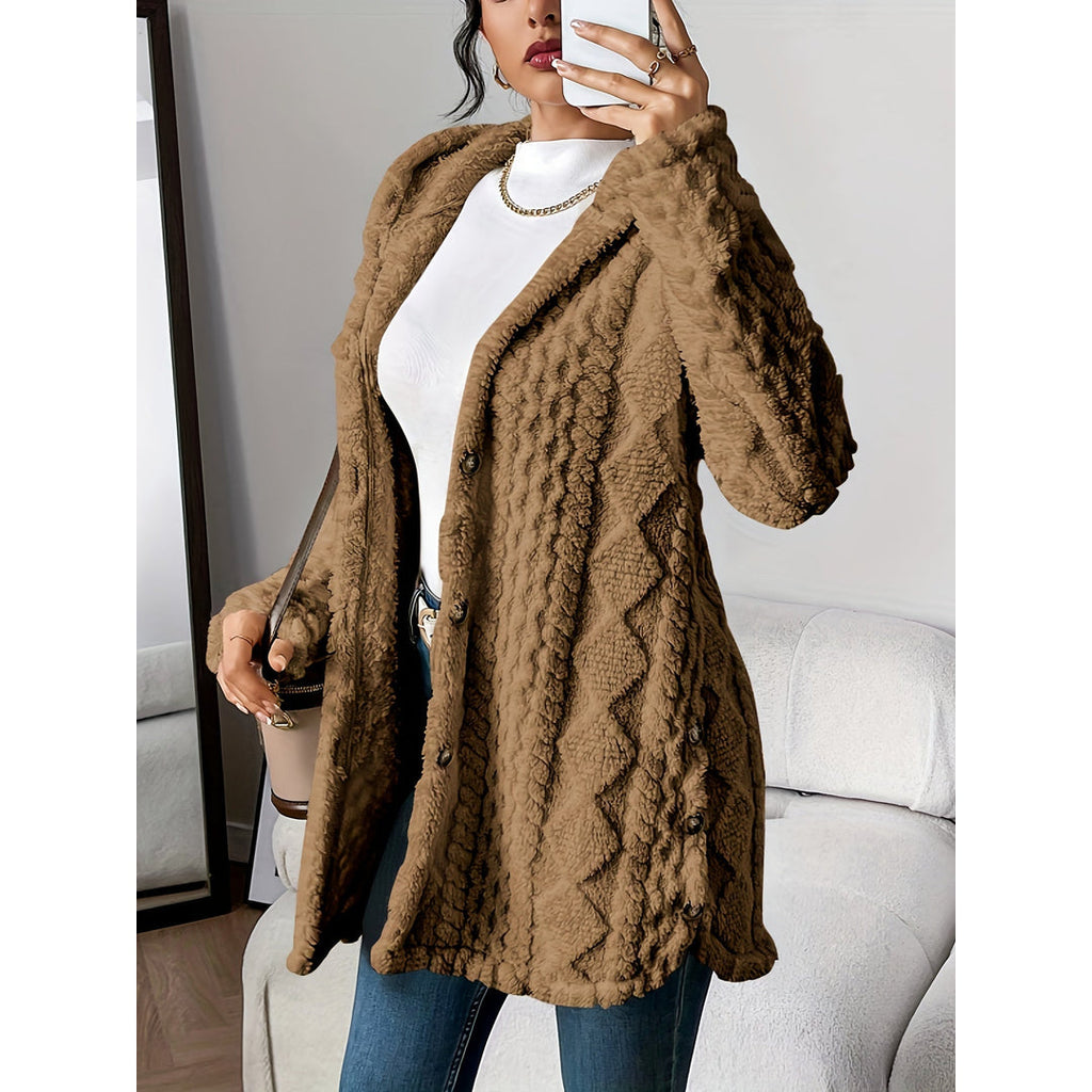 Women's brown cable knit hooded cardigan