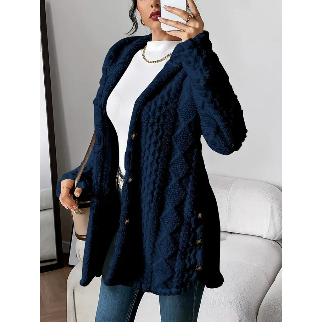 Women's navy hooded cable knit cardigan