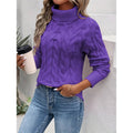 Women's purple cable knit turtleneck sweater