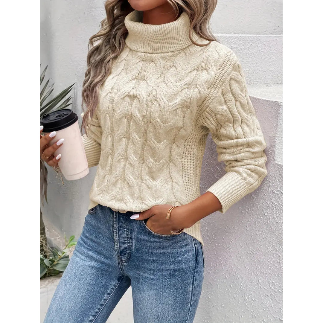 Women's beige cable knit turtleneck sweater