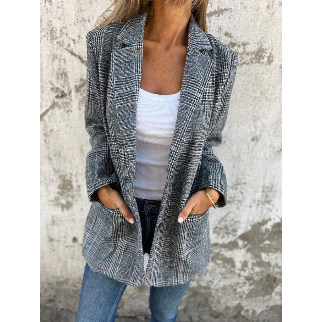 Women's grey check blazer with pockets