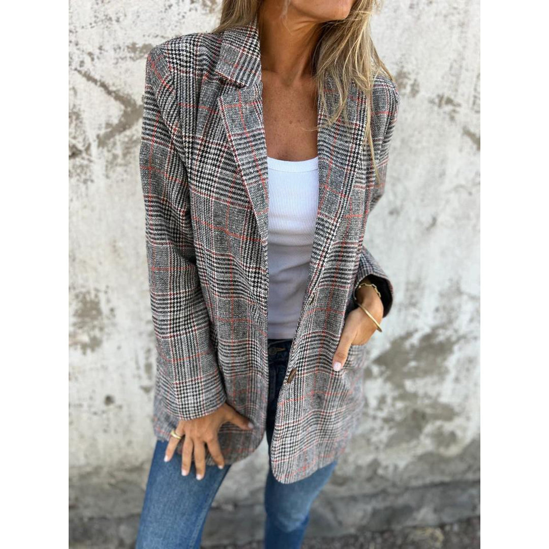 Woman wearing a brown check blazer
