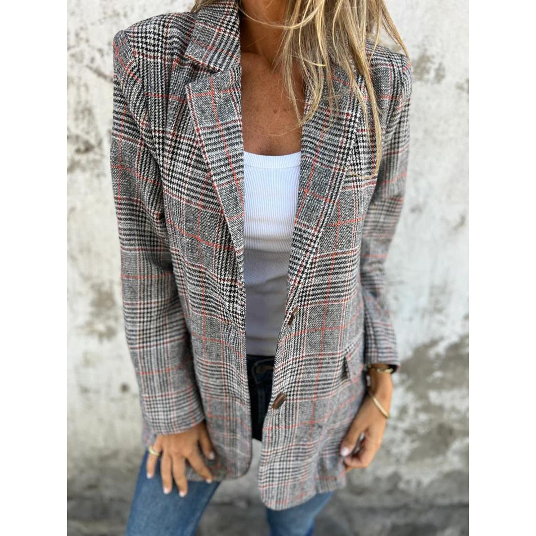 Women's brown check blazer with notched lapels