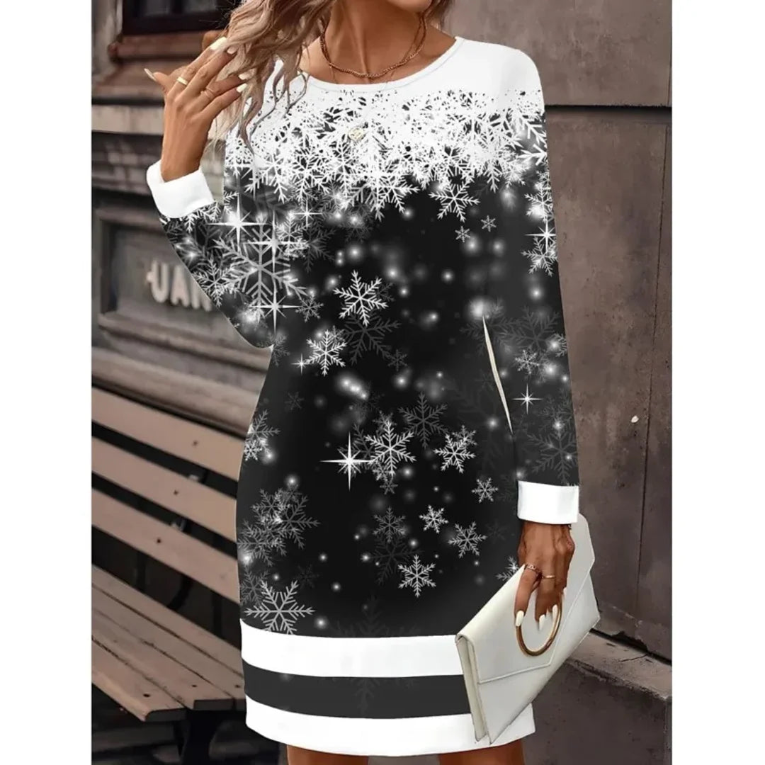 Women's black sweater dress with snowflake print