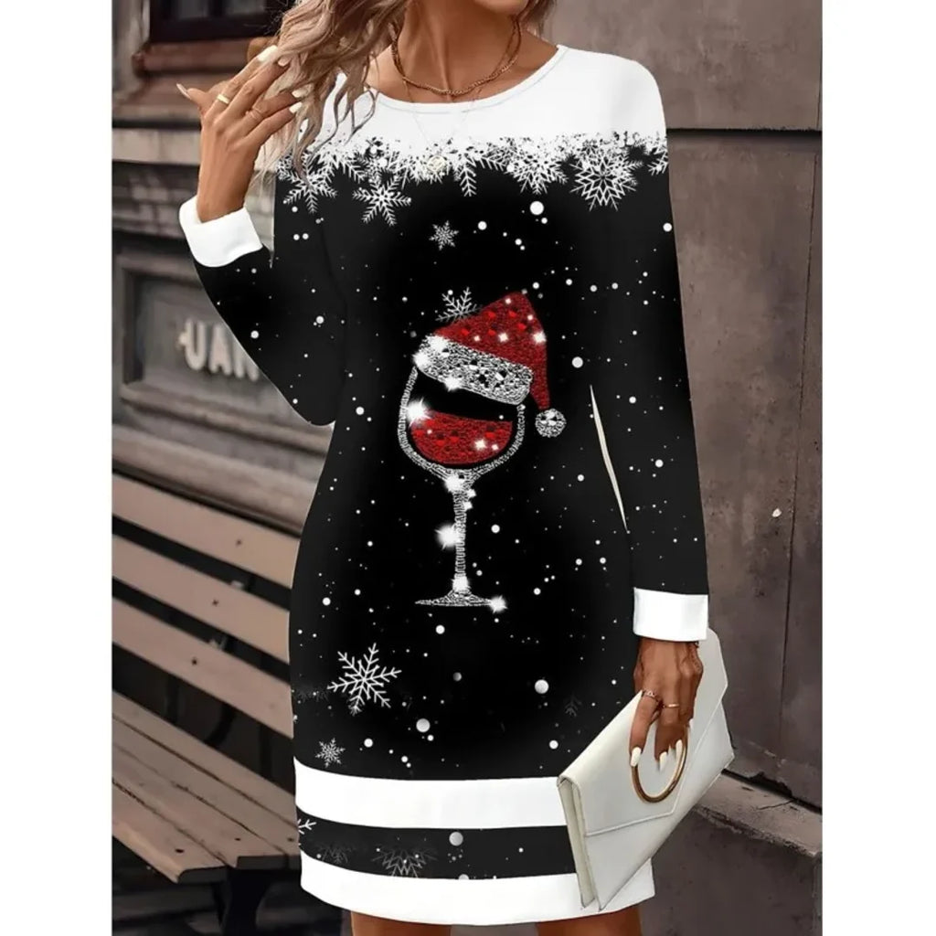 Women's Christmas sweater dress with wine glass print