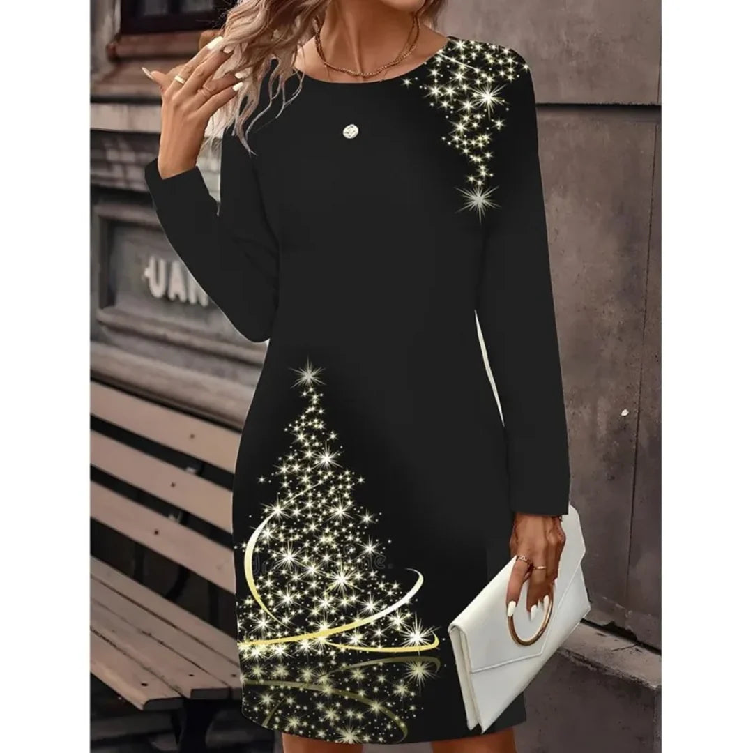 Women's black sweater dress with Christmas tree print
