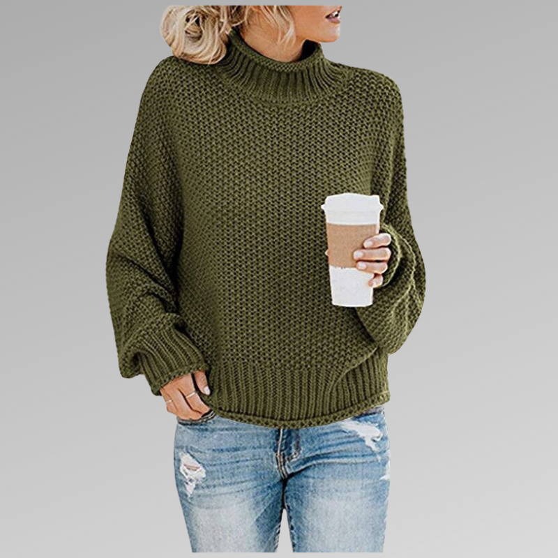 Women's chunky knit turtleneck sweater with relaxed fit in green