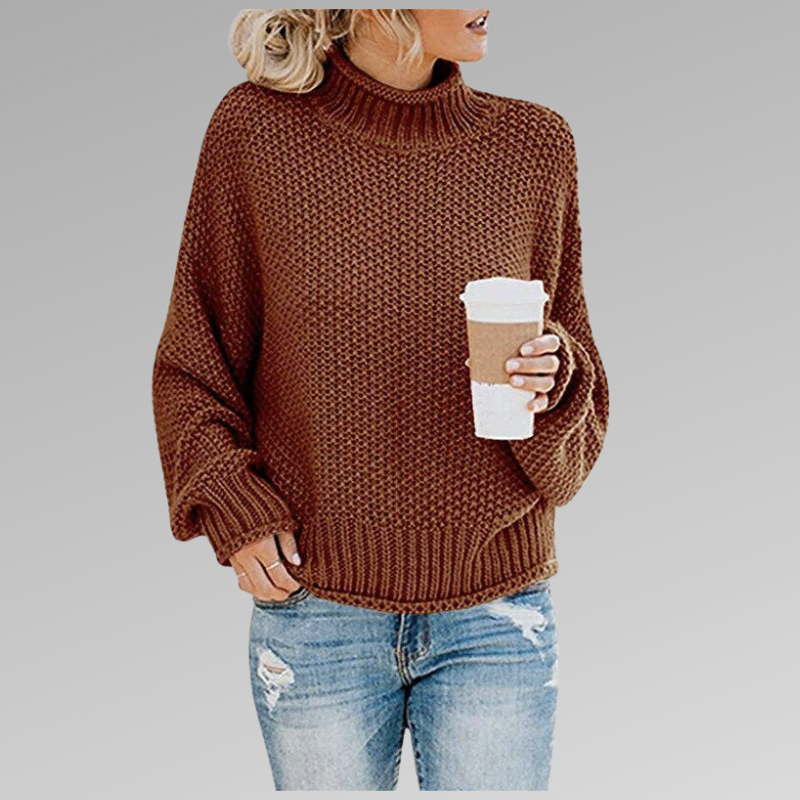 Women's chunky knit turtleneck sweater with relaxed fit in brown