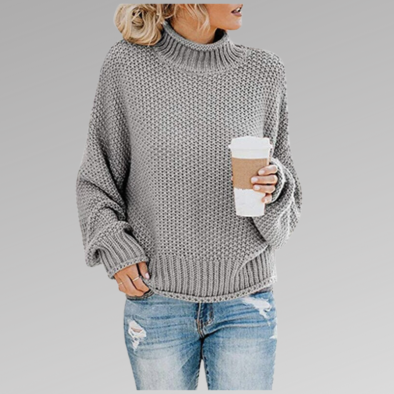 Women's chunky knit turtleneck sweater with relaxed fit in grey