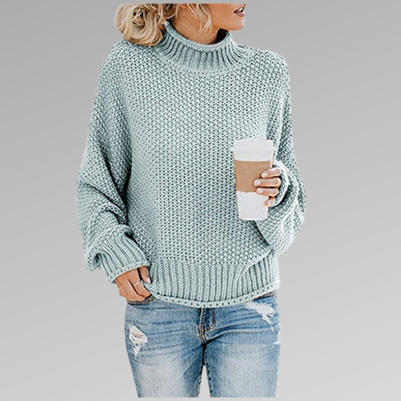 Women's chunky knit turtleneck sweater with relaxed fit in sky blue