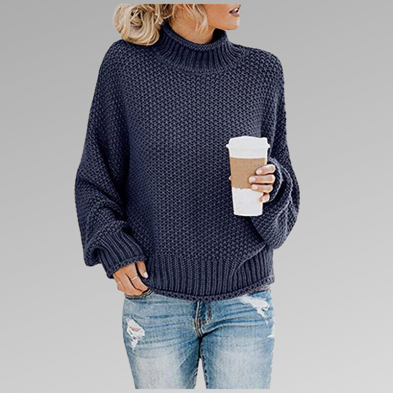 Women's chunky knit turtleneck sweater with relaxed fit in blue