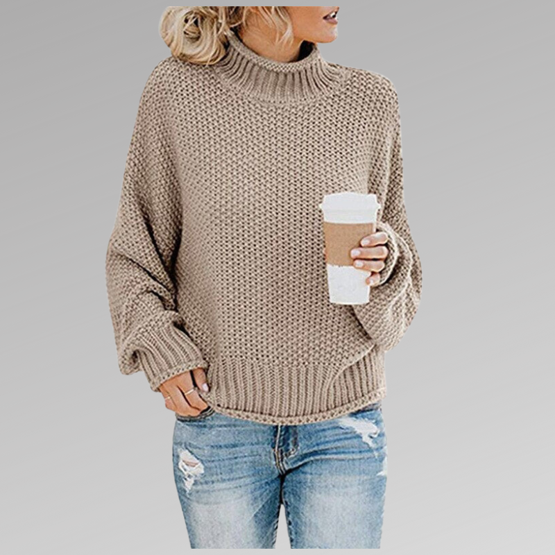 Women's chunky knit turtleneck sweater with relaxed fit in beige