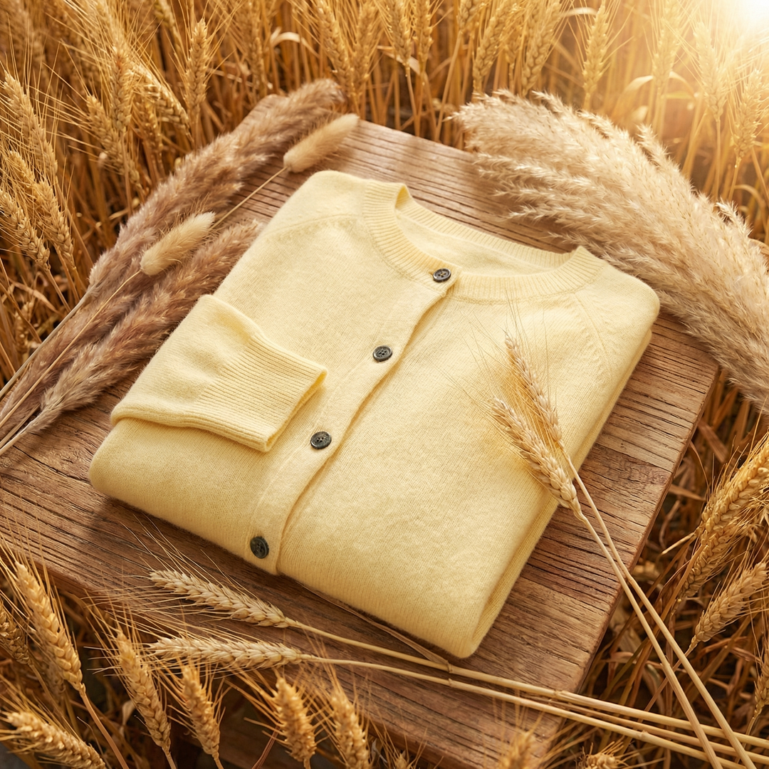 Women's yellow knit button cardigan folded
