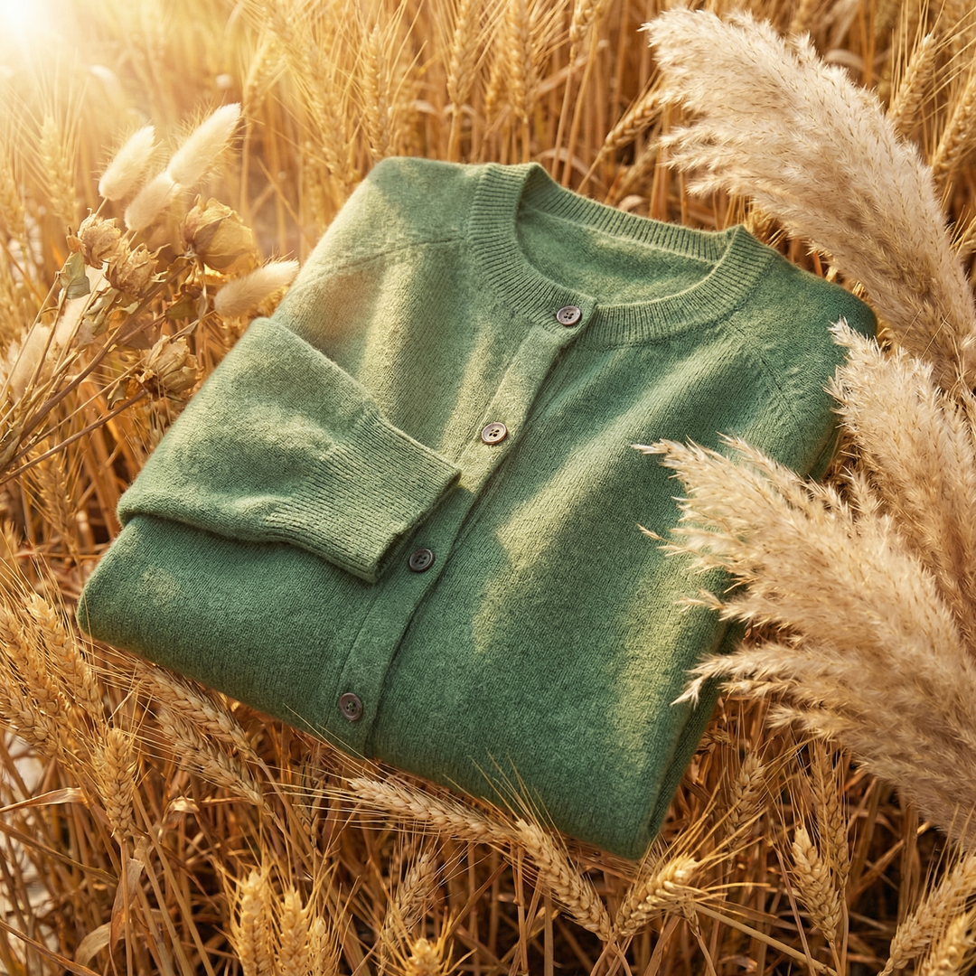 Women's green round neck knit cardigan