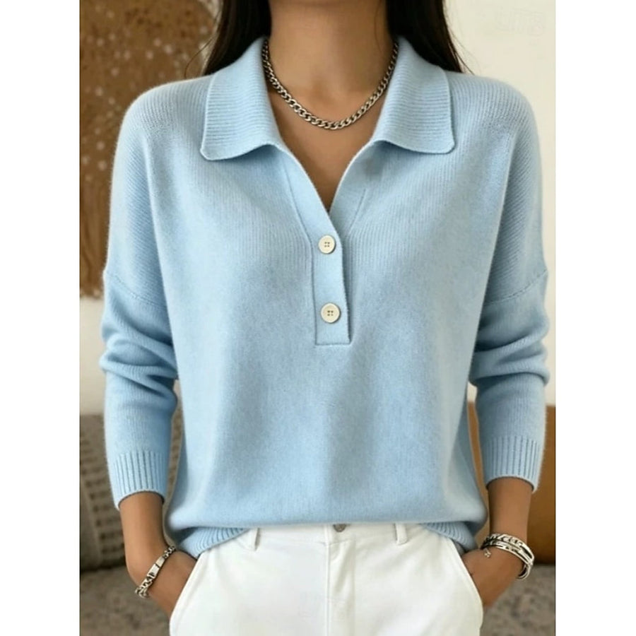 Women's Collared Knit Sweater with Two-Button Neckline for Smart Casual Days