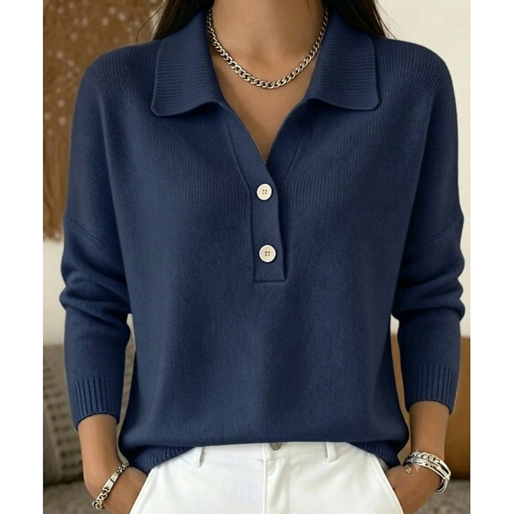 Women's navy blue collared knit sweater with two buttons