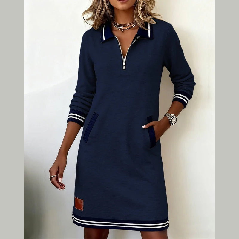 Women's collared long sleeve dress in navy blue