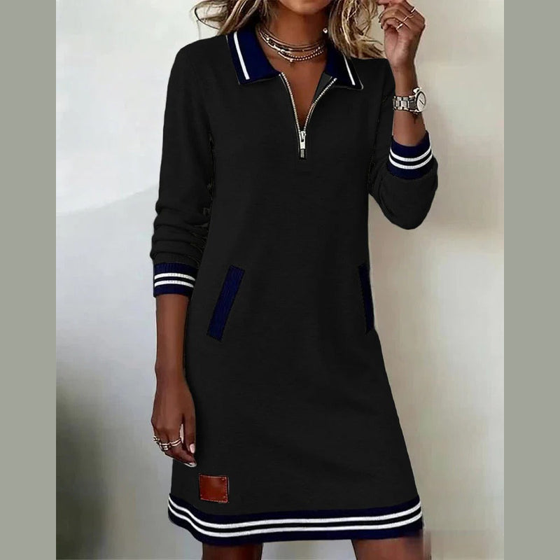 Woman wearing the black collared dress – front view