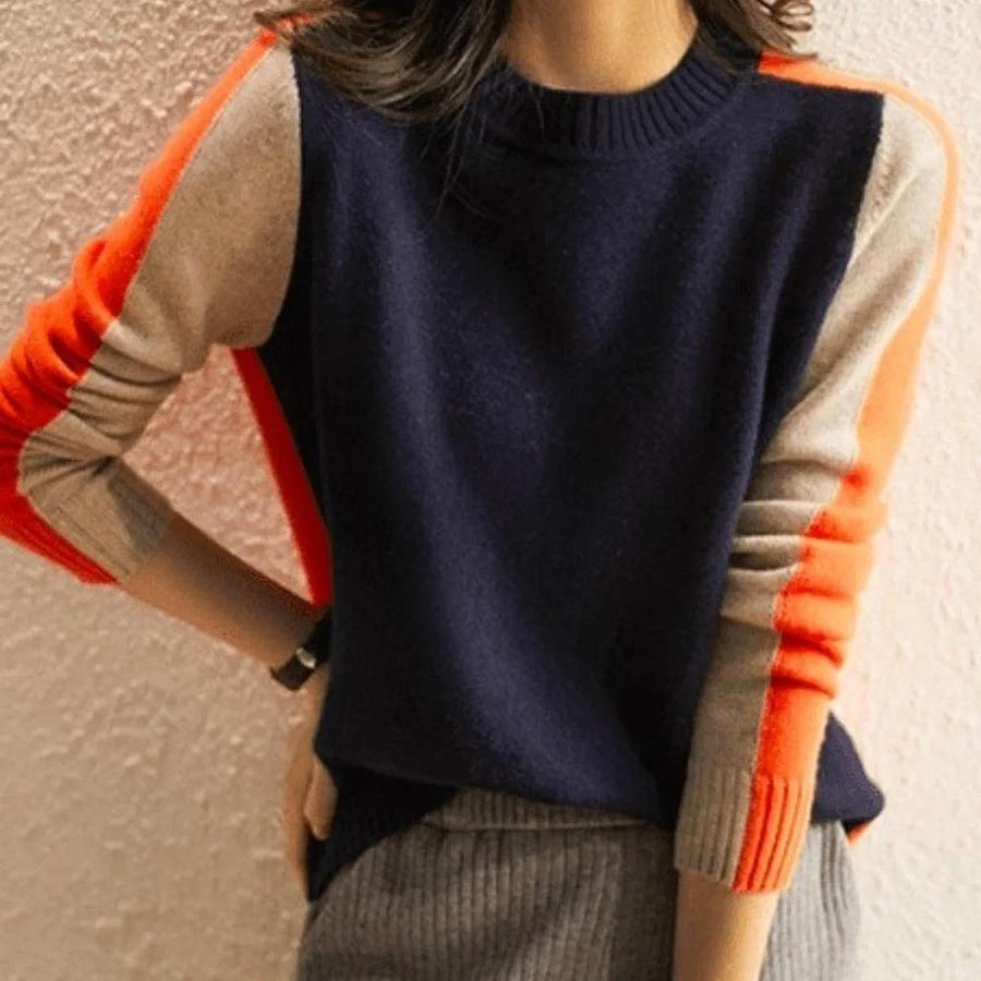 Women's Colour Block Crew Neck Sweater with Contrast Sleeve Stripes for Autumn Days