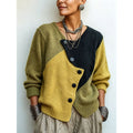 Women's colour block knit sweater in yellow, olive and black with asymmetric buttons