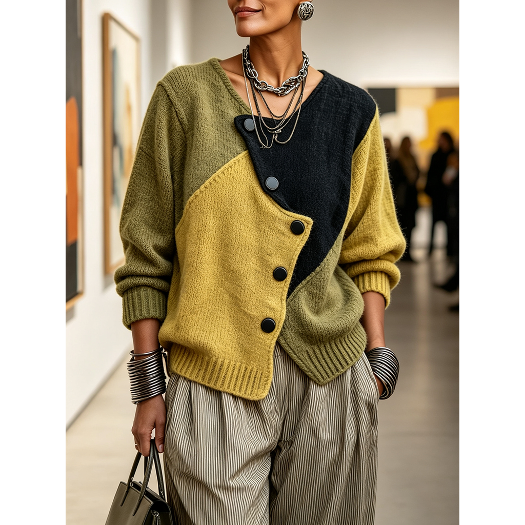 Women's yellow and olive colour block sweater styled with wide trousers