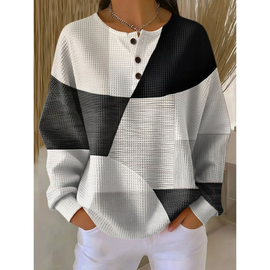 Women's Colour Block Waffle Knit Henley Sweater for Relaxed Days