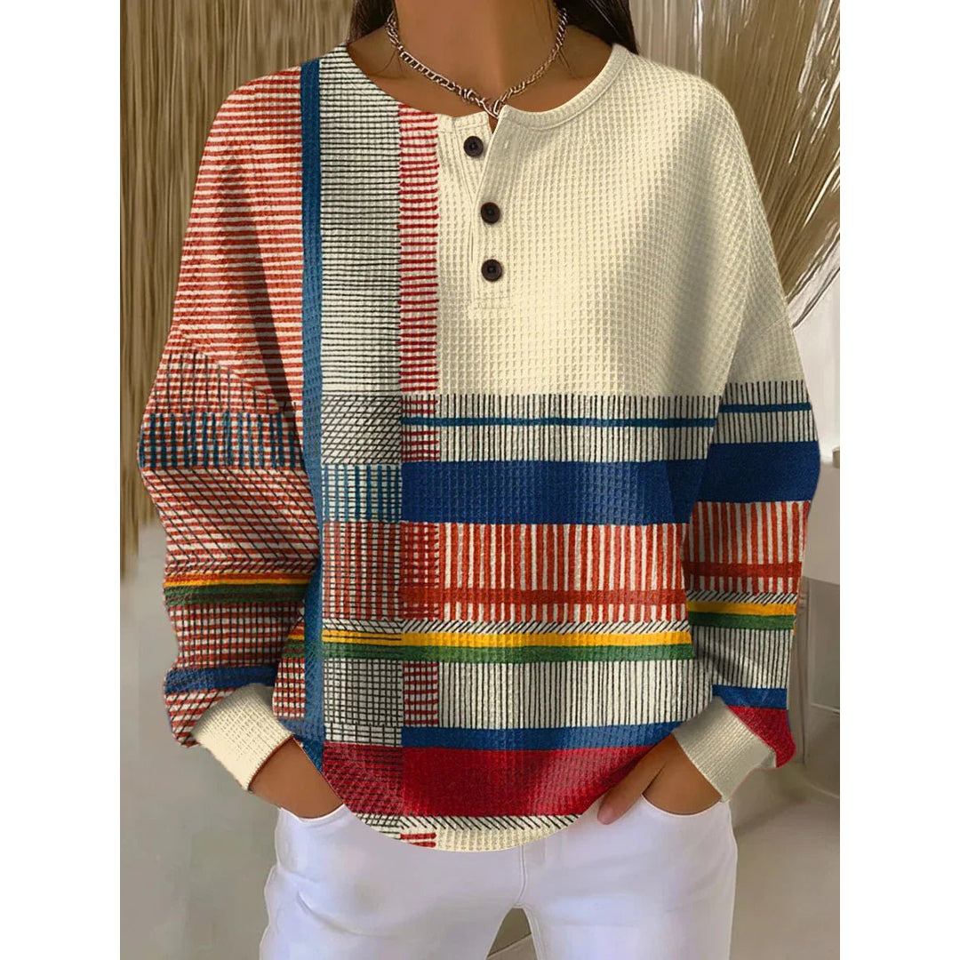 Women's multicolour patchwork henley sweater with striped panels