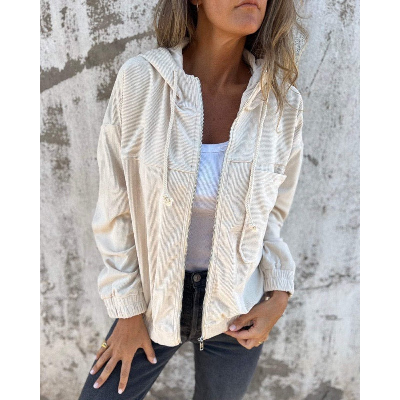 Women's corduroy hooded jacket in white