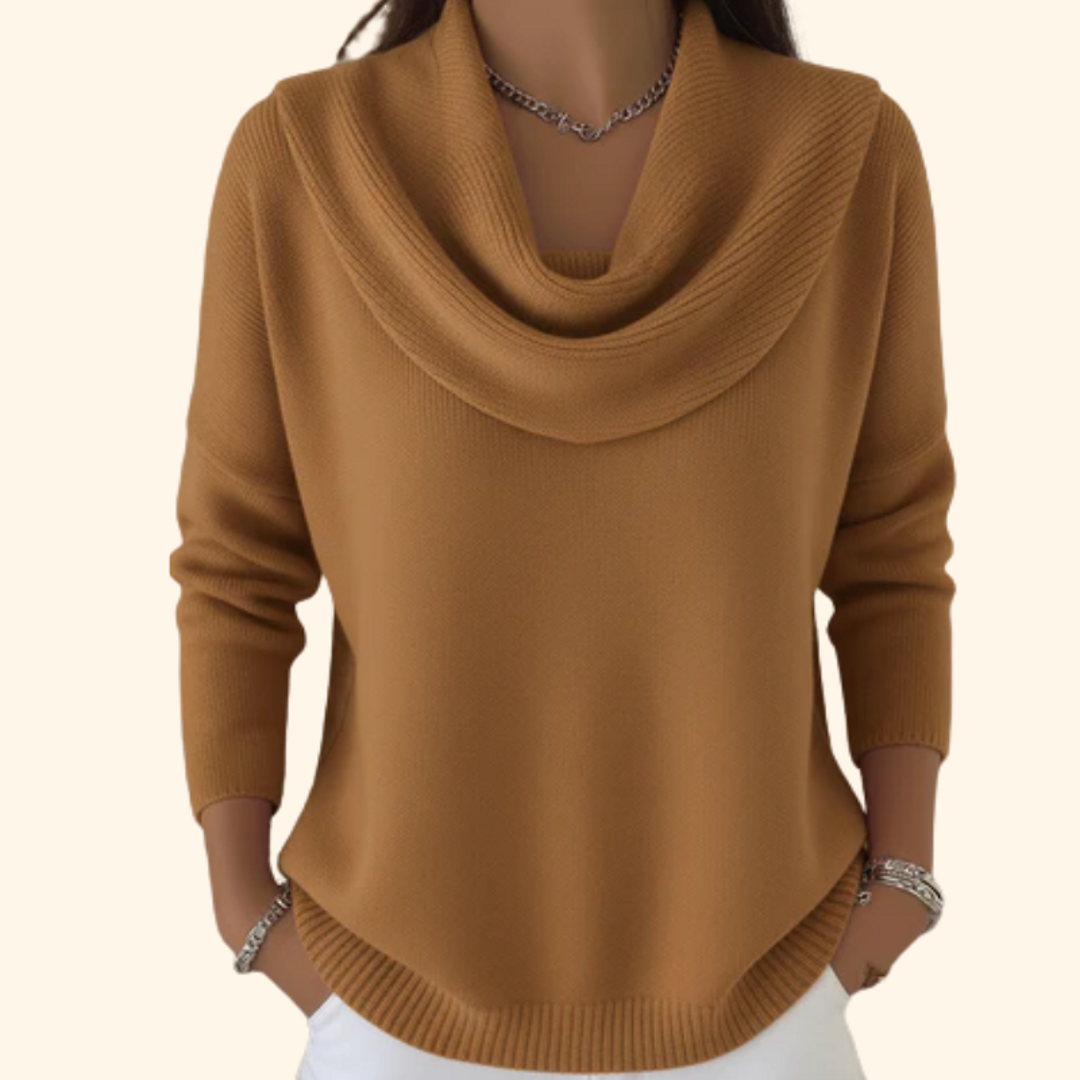 Woman wearing a brown cowl neck sweater