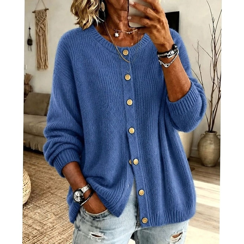 Women's crew neck button cardigan in blue