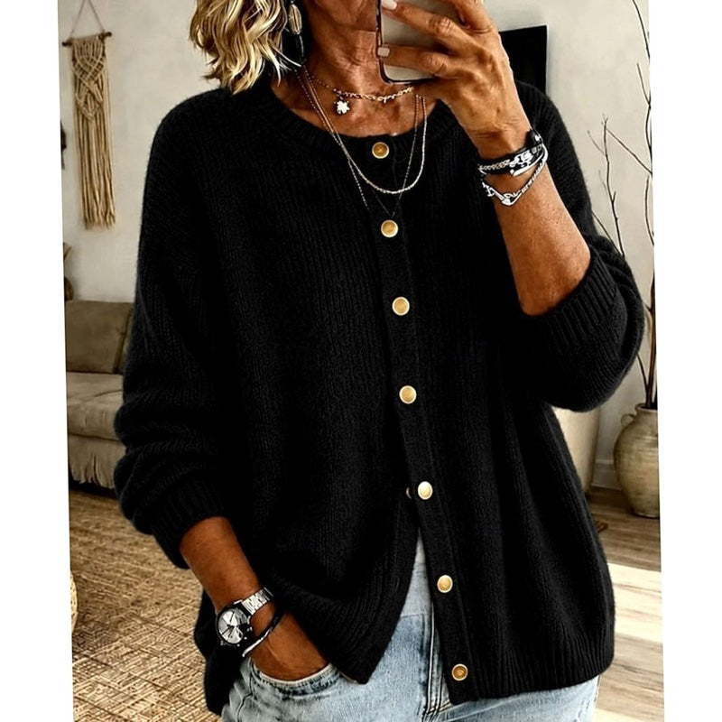 Women's crew neck button cardigan in black