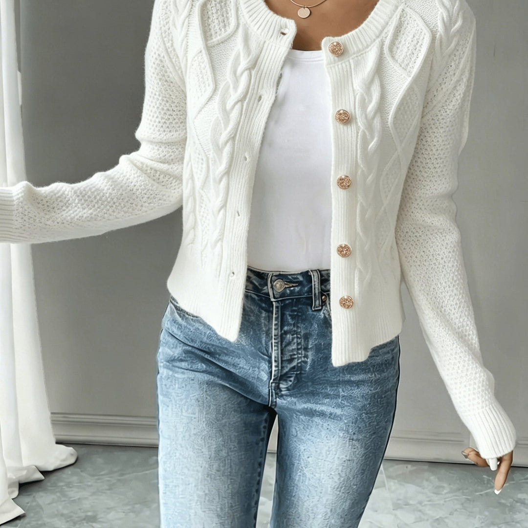 Women's white cropped cable knit cardigan