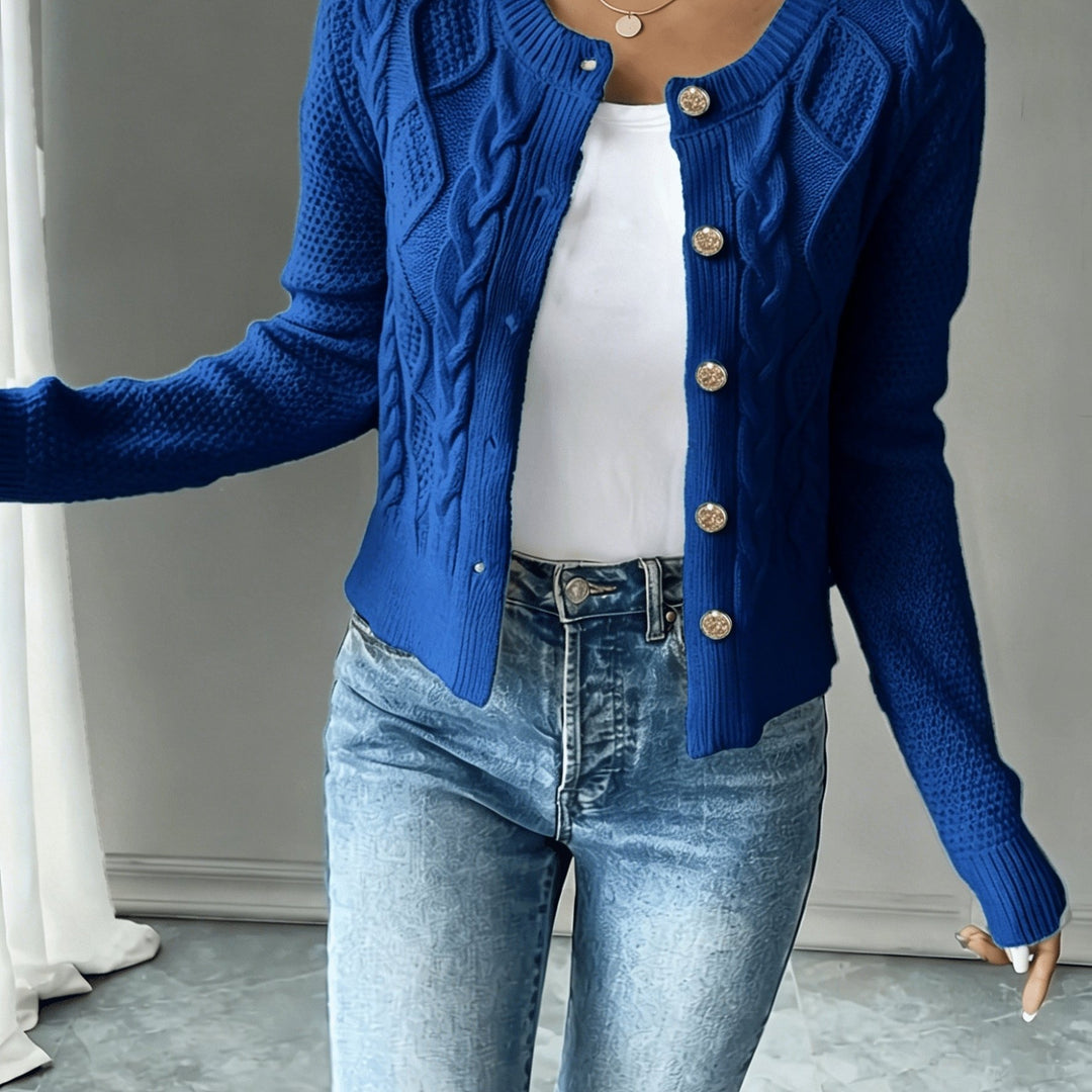 Women's blue cropped cable knit cardigan