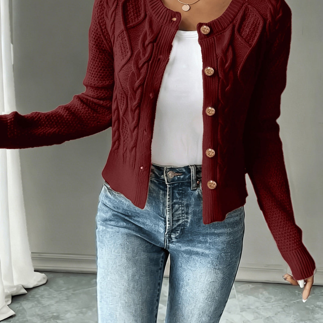 Women's deep red cropped cable knit cardigan