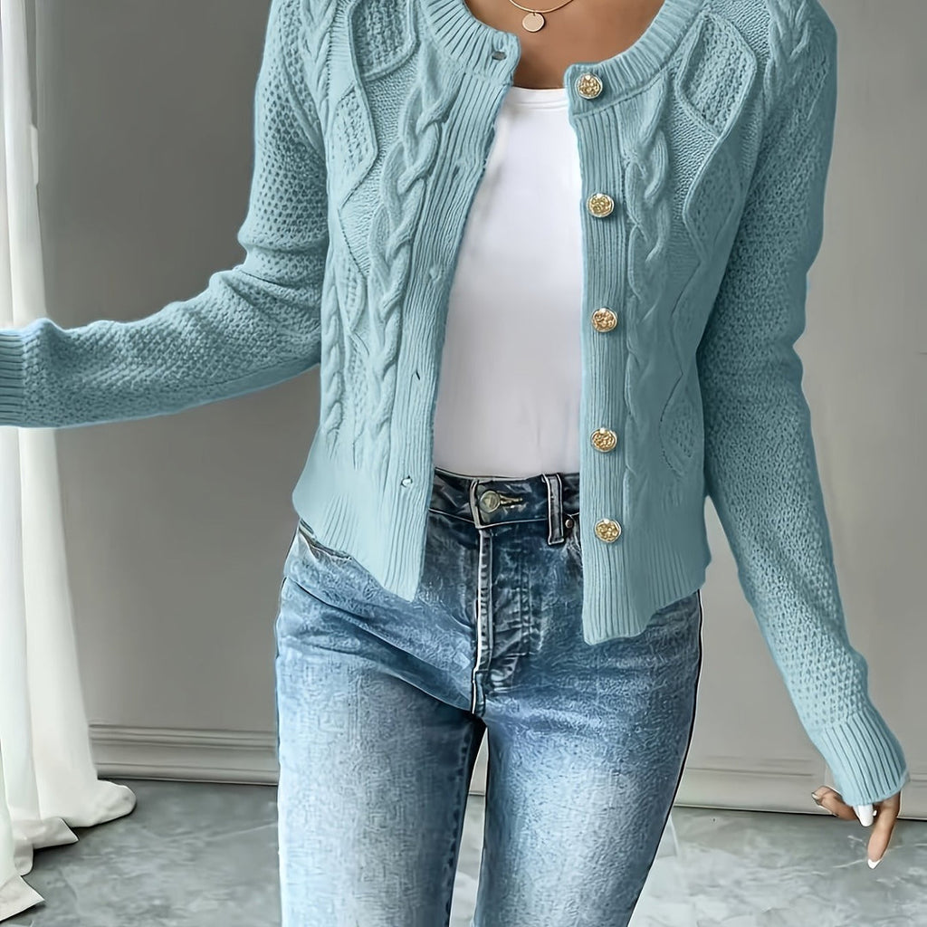Women's sky blue cropped cable knit cardigan