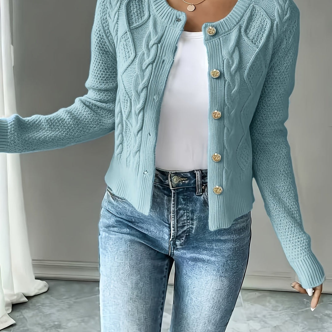 Women's sky blue cropped cable knit cardigan