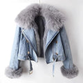 Women's light blue cropped denim jacket with faux fur collar