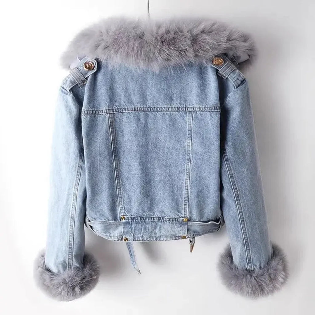 Light blue denim jacket with faux fur cuffs – back view