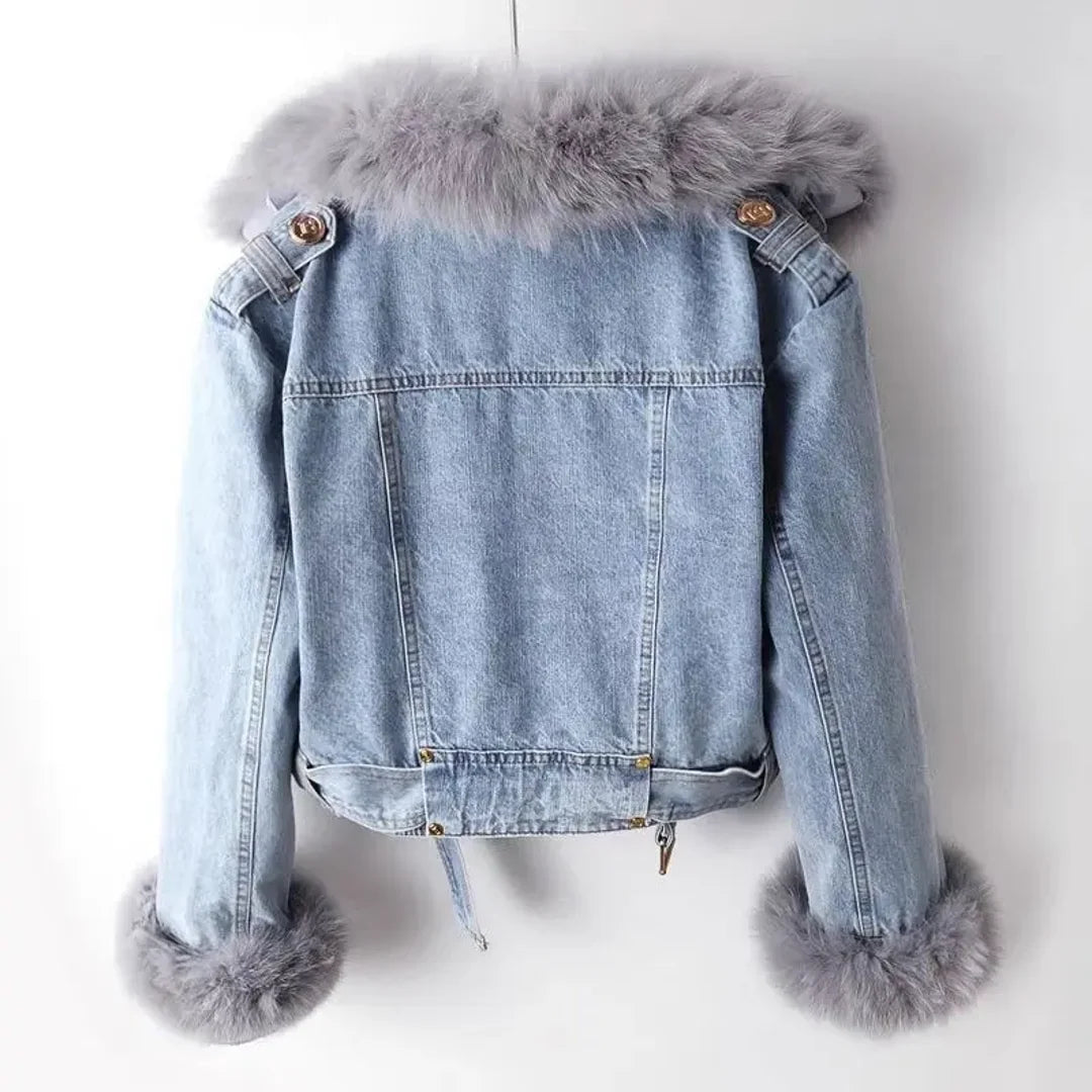 Light blue denim jacket with faux fur cuffs – back view