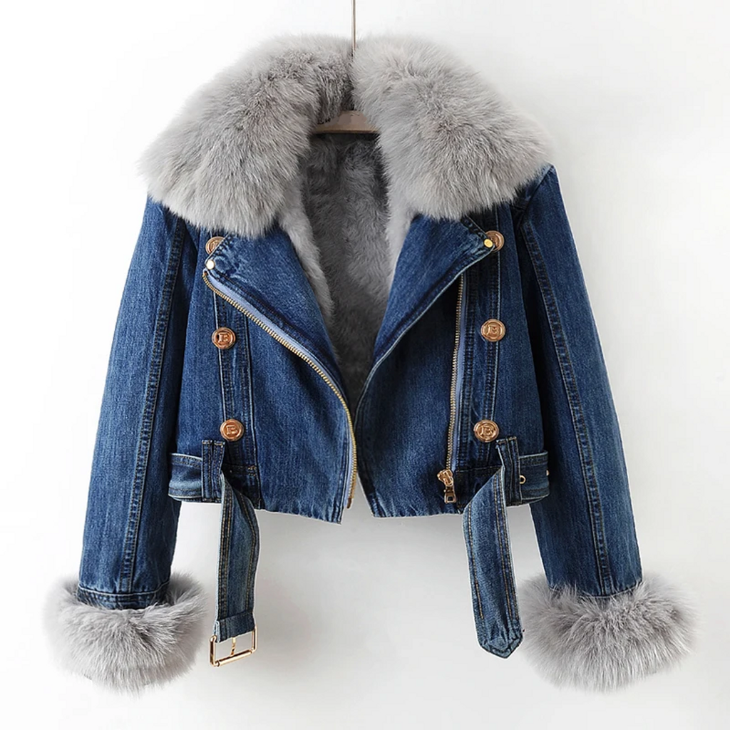 Women's dark blue denim jacket with faux fur trim