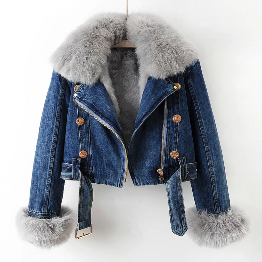 Women's dark blue denim jacket with faux fur trim