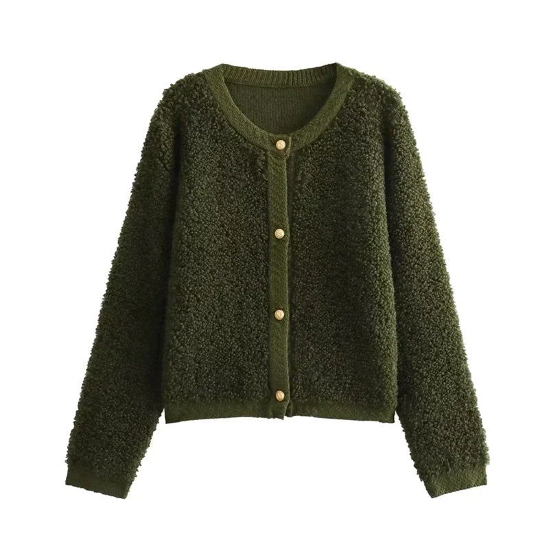 Women's cropped textured knit jacket in green