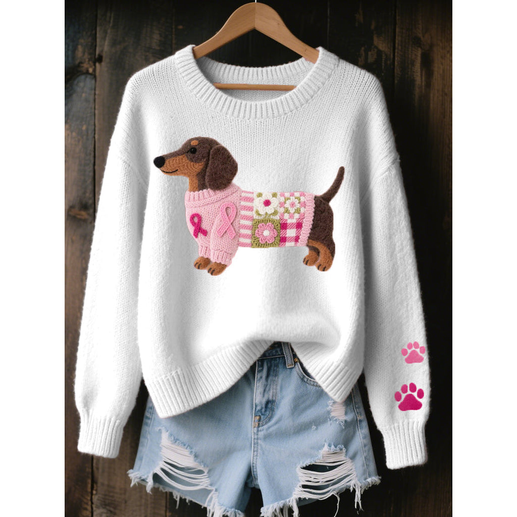 Women's white knit sweater with dachshund and paw prints