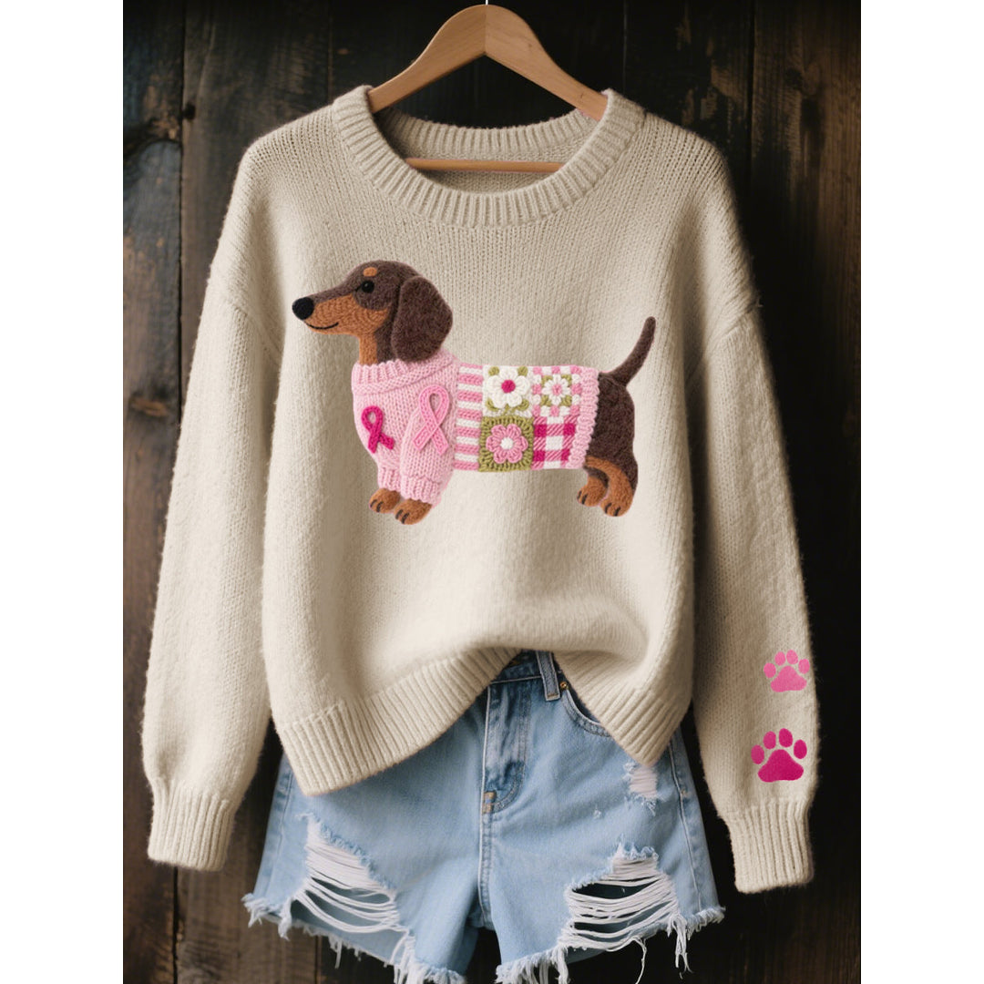 Women's beige knit sweater with dachshund motif
