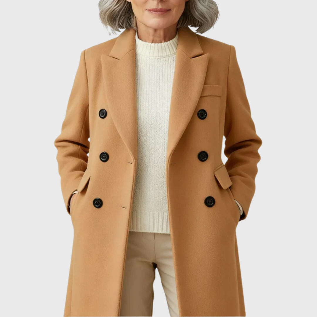 Woman wearing a camel double-breasted coat