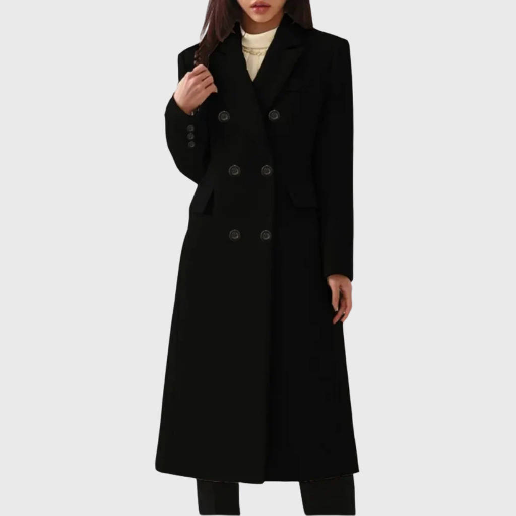 Women's black double-breasted longline coat