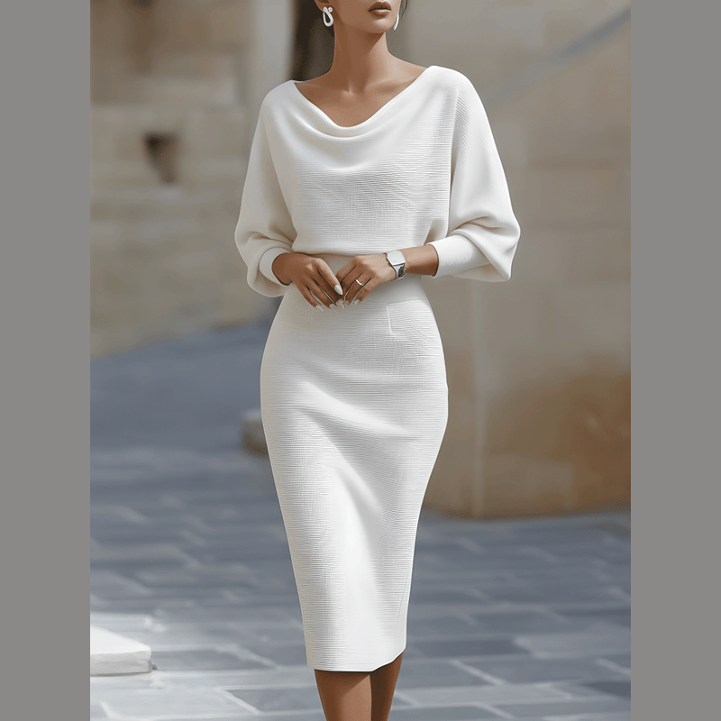 Women's Draped Batwing Midi Dress with Fitted Skirt for Autumn Evenings