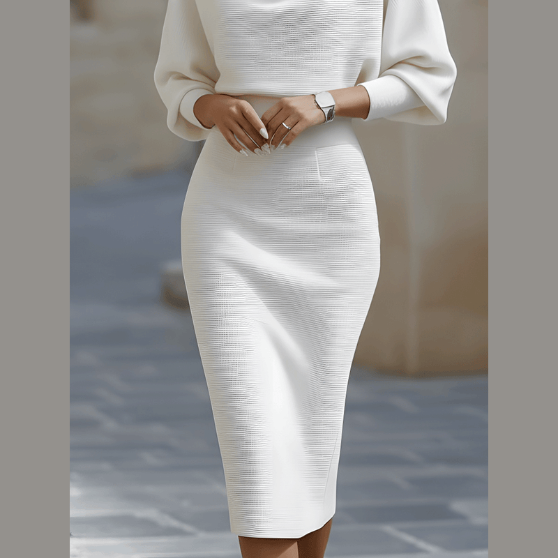 Women's white draped midi dress – back view