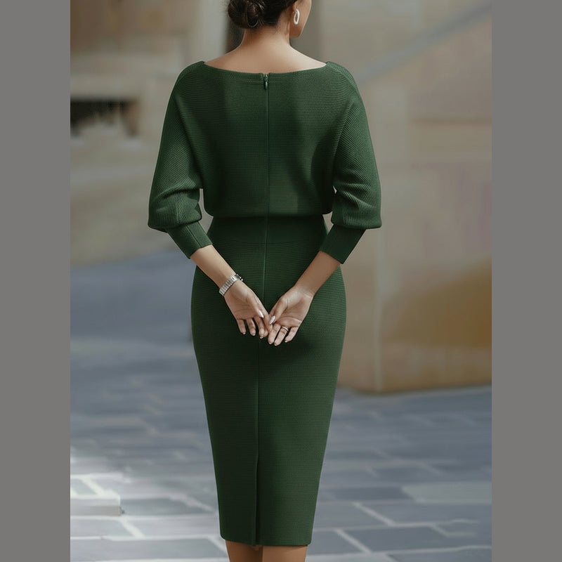 Woman wearing the green draped midi dress